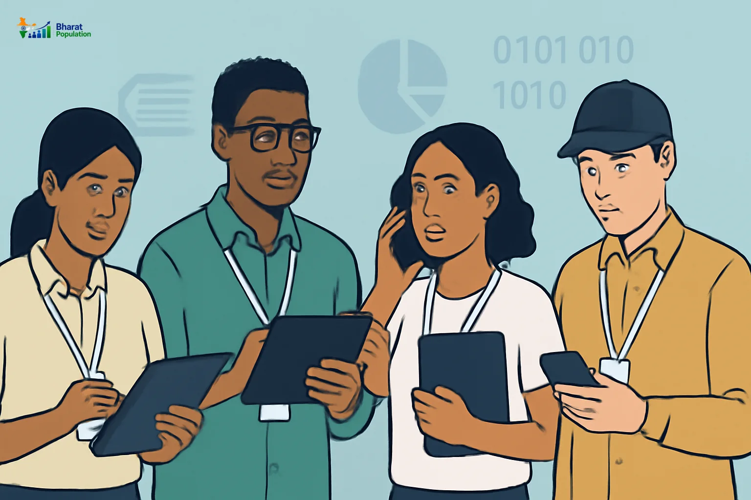 Illustration of census enumerators using digital tools for data collection.