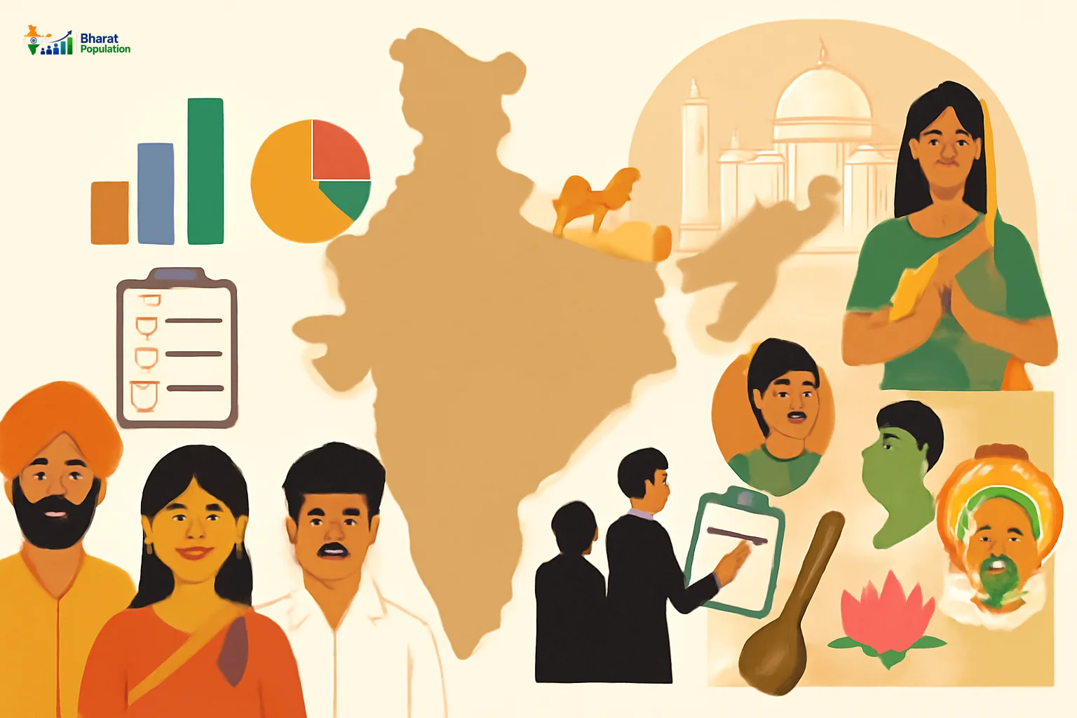 A diverse collage representing India's population and culture.