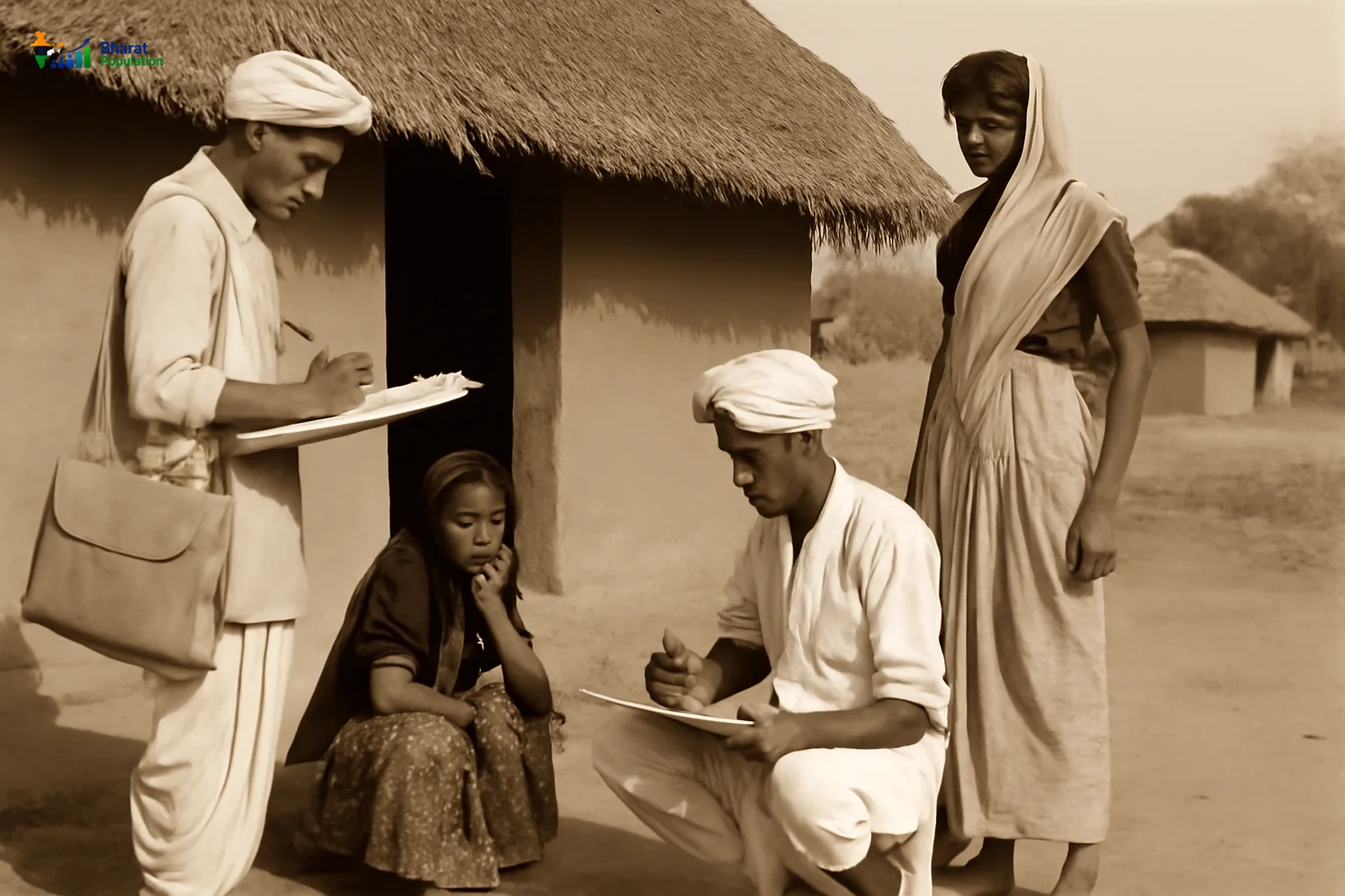 Vintage image of census workers in rural India