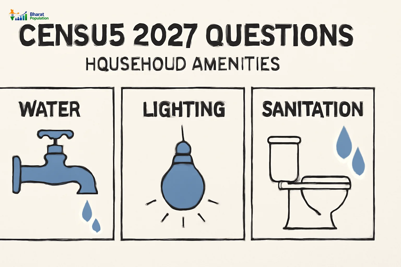 Infographic of Census 2027 HLO questions on water, lighting, and sanitation