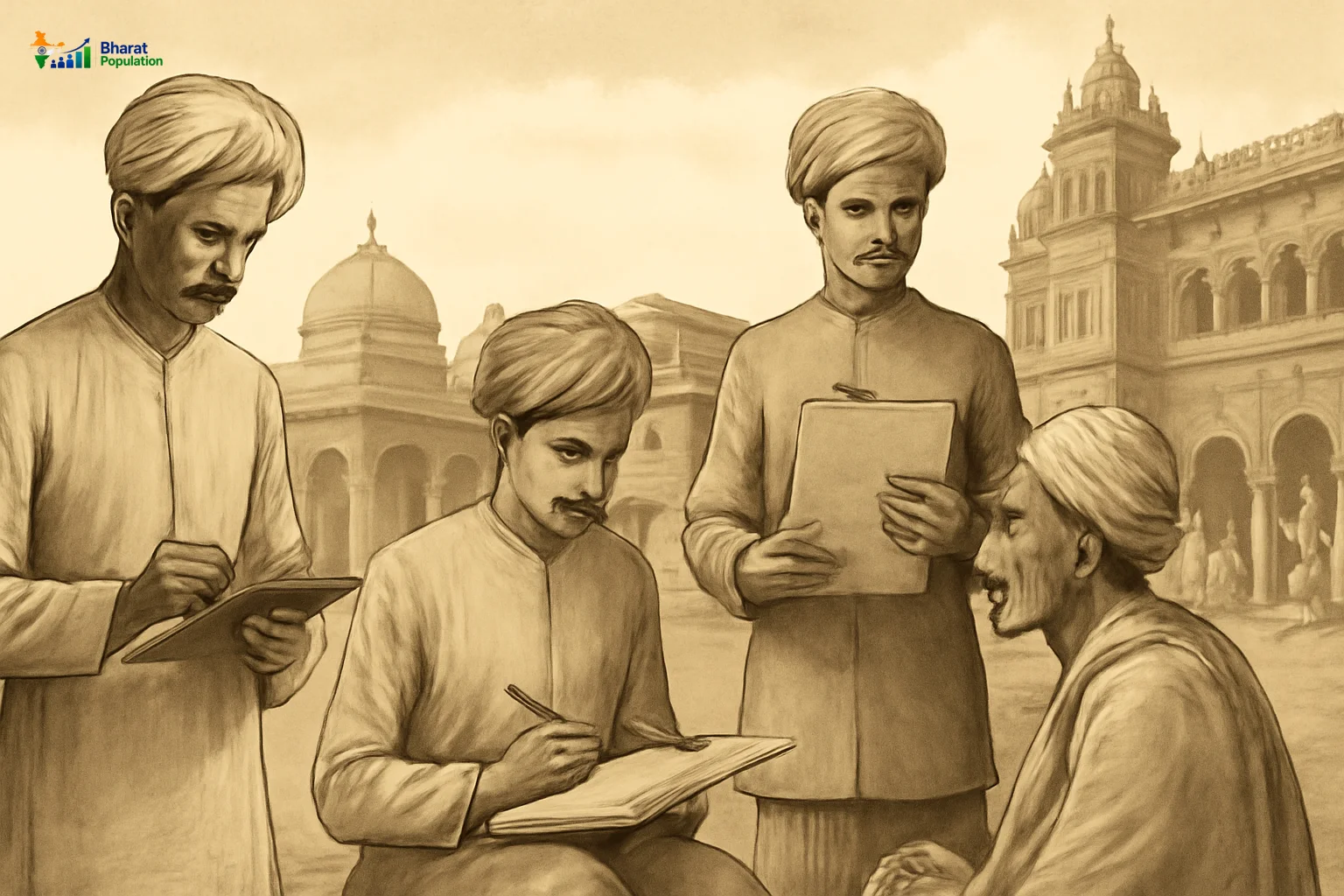 Historical image of census workers in 19th-century India.