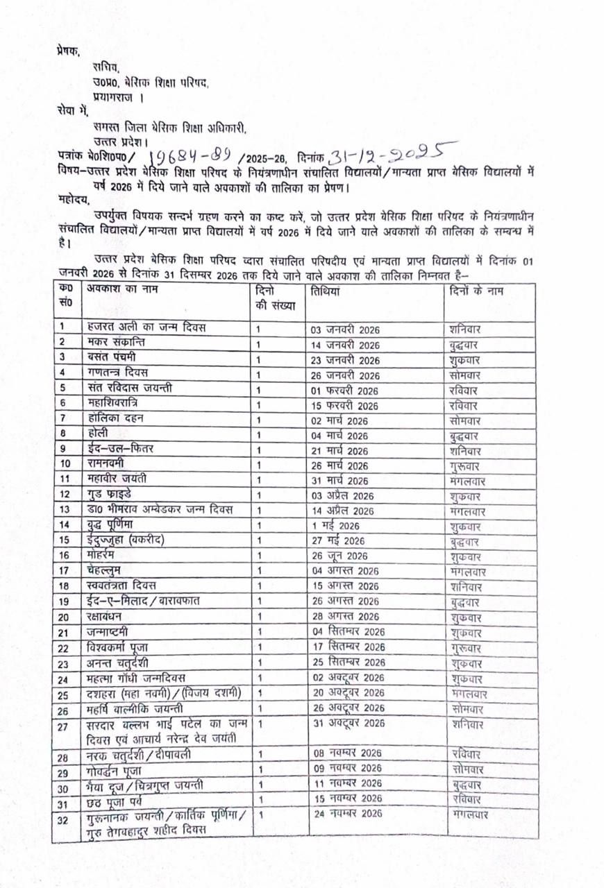 परिषदीय विद्यालयों की अवकाश तालिका वर्ष 2026 देखें व करें डाउनलोड: Download Holidays List Basic Shiksha Parishad 2026-1